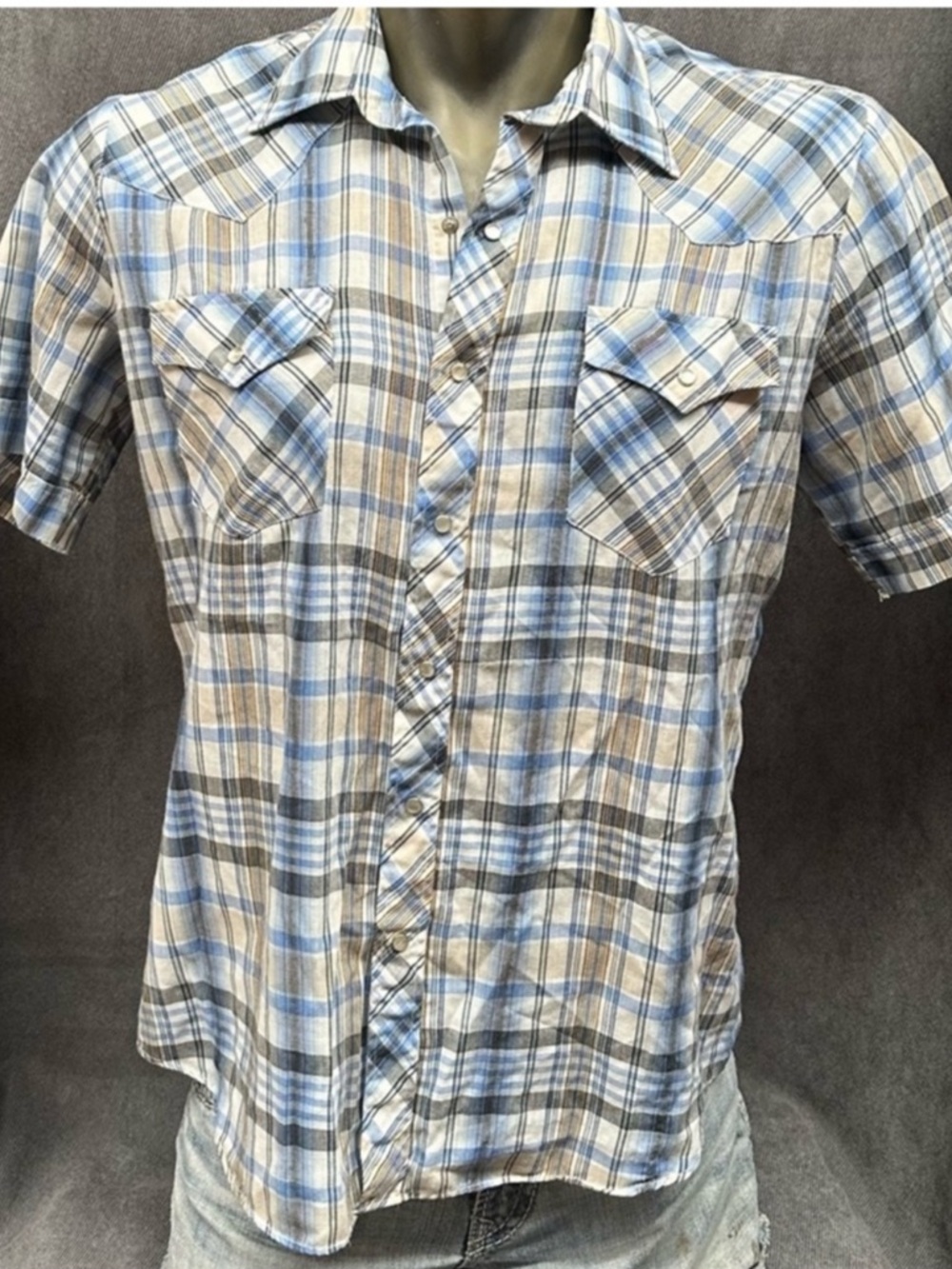 Vintage Youngbloods Western Shirt Silver Metallic Pearl Snaps blue plaid